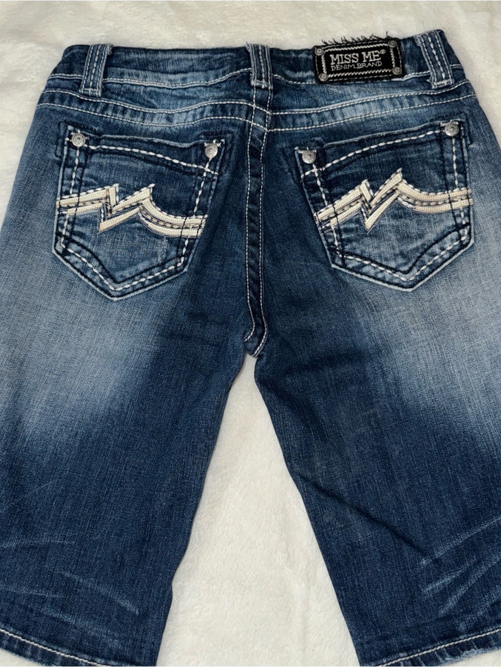 Miss Me Dark Blue Denim Bermudas with White Embroidered Pockets